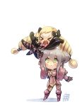  &gt;_&lt; 2girls armor blonde_hair blush bow bowtie chibi closed_eyes drill_hair elfie_(fire_emblem_if) elise_(fire_emblem_if) fire_emblem fire_emblem_if green_eyes hair_bun lifting_person multiple_girls open_mouth silver_hair tostantan twin_drills twintails 