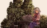  akaiha_(akaihagusk) angel_wings bow bowtie brooch chair closed_eyes closed_mouth dress feathered_wings highres jacket jewelry kishin_sagume long_sleeves open_clothes open_jacket plant purple_dress red_bow red_bowtie silver_hair single_wing sitting table touhou white_wings wings 