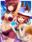  2girls animal_ears bad_id bad_pixiv_id bikini blue_legwear blush breasts clouds cloudy_sky fate/extra fate/grand_order fate_(series) flower fox_ears fox_tail hair_flower hair_ornament hat highres midriff multiple_girls navel nekodayo22 pink_hair purple_hair red_eyes sarong scathach_(fate)_(all) scathach_(swimsuit_assassin)_(fate) sky swimsuit tail tamamo_(fate)_(all) tamamo_no_mae_(swimsuit_lancer)_(fate) yellow_eyes 