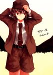  1girl adjusting_clothes adjusting_hat akaiha_(akaihagusk) belt bird_wings black_hair black_wings brown_shorts cabbie_hat collared_shirt cowboy_shot forbidden_scrollery hat highres jacket looking_away necktie open_clothes open_jacket pointy_ears red_eyes red_necktie shameimaru_aya shirt short_hair shorts smile solo suit_jacket touhou twitter_username white_shirt wings 