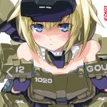  1girl :&lt; bangs bare_shoulders blonde_hair blue_eyes blush character_name closed_mouth dd_(ijigendd) eyebrows eyebrows_visible_through_hair eyes_visible_through_hair frame_arms_girl gourai hair_between_eyes headgear looking_at_viewer mecha_musume short_hair simple_background solo upper_body white_background 
