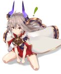  ! 1girl ahoge alternate_breast_size bangs bare_arms bare_legs blush breasts cape doraf granblue_fantasy grey_hair hair_between_eyes highres horns long_hair looking_at_viewer medium_breasts miniskirt pleated_skirt poyano red_eyes red_skirt sarasa_(granblue_fantasy) simple_background skirt smile solo squatting white_background 
