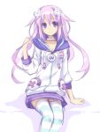  1girl adult_neptune choker choujigen_game_neptune d-pad hair_ornament hood hooded_track_jacket jacket long_hair looking_at_viewer neptune_(series) purple_hair solo striped striped_legwear track_jacket tsunako violet_eyes 