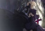  1girl bare_tree blonde_hair blurry closed_eyes dark_excalibur depth_of_field fate/grand_order fate_(series) from_behind gothic_lolita hakuishi_aoi lolita_fashion long_hair pantyhose saber saber_alter solo tree 