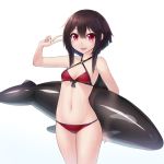  1girl bare_shoulders bikini black_hair blush breasts criss-cross_halter front-tie_top halter_top halterneck highres inflatable_dolphin inflatable_toy kono_subarashii_sekai_ni_shukufuku_wo! looking_at_viewer megumin navel npt_(akzkfhsk0503) open_mouth red_bikini red_eyes short_hair small_breasts smile solo standing swimsuit v 