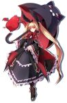  1girl bat black_boots black_bow black_dress blazblue blazblue:_central_fiction blonde_hair boots bow cat dress expressionless frills full_body gii hair_bow highres katou_yuuki long_hair looking_at_viewer nago official_art rachel_alucard red_bow red_eyes shadow standing twintails umbrella white_background 