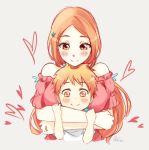  1boy 1girl bare_shoulders bleach blush breasts brown_eyes dress hair_ornament hairclip hug hug_from_behind inoue_orihime jewelry kurosaki_kazui large_breasts long_hair mature mother_and_son orange_hair quiss ring signature smile spoilers strapless strapless_dress wedding_band 