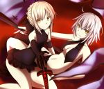  2girls ahoge bare_arms bare_legs bare_shoulders bikini black_bikini black_gloves blonde_hair breasts cleavage closed_mouth commentary_request elbow_gloves fate/grand_order fate_(series) gloves hair_between_eyes jeanne_alter long_hair looking_at_viewer medium_breasts multiple_girls navel ram_hachimin ruler_(fate/apocrypha) ruler_(fate/grand_order) saber saber_alter short_hair sideboob small_breasts swimsuit sword weapon yellow_eyes 