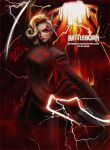  1girl artist_name battleborn bembiann blonde_hair copyright_name curly_hair dated deande earrings electricity facial_mark fan hair_ornament highres jewelry long_hair realistic solo watermark web_address 