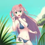 1girl absurdres beach bikini breasts brown_hair cleavage contrapposto flower green_eyes hair_flower hair_ornament harurin heart heart-shaped_pupils hibiscus highres large_breasts long_hair navel original side-tie_bikini skindentation smile solo swimsuit symbol-shaped_pupils 