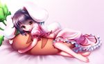  1girl animal_ears barefoot black_hair bunny_tail dakimakura_(object) frilled_skirt frills gradient gradient_background highres inaba_tewi looking_at_viewer lying object_hug on_side open_mouth pillow pink_background puffy_short_sleeves puffy_sleeves rabbit_ears red_eyes short_hair short_sleeves skirt skirt_set solo tail touhou yagyu-pix 
