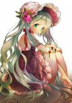  1girl dress from_side green_eyes green_hair hatsune_miku highres leg_hug long_hair looking_at_viewer matching_hair/eyes mid_(gameshe) sitting solo tied_hair twintails very_long_hair vocaloid 
