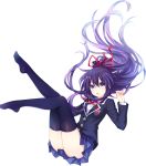  1girl black_legwear blazer date_a_live highres jacket long_hair looking_at_viewer no_shoes open_mouth pleated_skirt purple_hair school_uniform skirt solo tsunako violet_eyes white_background yatogami_tooka 