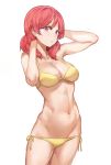  1girl arms_up bare_arms bare_shoulders bikini blush breasts cleavage collarbone cowboy_shot eyebrows eyebrows_visible_through_hair groin hands_in_hair highres love_live! medium_breasts navel nishikino_maki redhead ribbon short_hair side-tie_bikini simple_background solo standing stomach swimsuit white_background yellow_bikini yellow_ribbon yohan1754 
