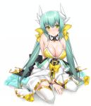  1girl aqua_hair bare_shoulders bikini blush bow breasts cleavage detached_collar fate/grand_order fate_(series) green_eyes hair_bow hattori_masaki horns japanese_clothes kiyohime_(fate/grand_order) kiyohime_(swimsuit_lancer)_(fate) large_breasts long_hair looking_at_viewer low_twintails off_shoulder simple_background sitting smile solo swimsuit thigh-highs twintails wariza white_background white_legwear yellow_bikini yellow_eyes 