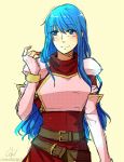  1girl armor artist_name bangs belt belt_buckle blue_eyes blue_hair blush bracelet breastplate buckle commentary crimsonfire3 elbow_gloves eyelashes fingerless_gloves fire_emblem fire_emblem:_ankoku_ryuu_to_hikari_no_tsurugi fire_emblem:_mystery_of_the_emblem fire_emblem:_shin_ankoku_ryuu_to_hikari_no_tsurugi fire_emblem:_shin_monshou_no_nazo gloves hair_between_eyes hand_up jewelry long_hair pauldrons sheeda signature simple_background smile solo upper_body yellow_background 