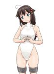  1girl ahoge alternate_costume bare_shoulders blue_eyes braid breasts brown_hair groin hair_between_eyes hair_flaps hair_ornament kantai_collection looking_to_the_side medium_breasts shigure_(kantai_collection) single_braid tamu_(mad_works) thigh_strap thighs white_leotard 