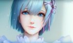  1girl artist_name blue_eyes blue_hair blurry depth_of_field hair_ornament highres huykho192 looking_at_viewer maid md5_mismatch re:zero_kara_hajimeru_isekai_seikatsu realistic rem_(re:zero) solo tears x_hair_ornament 