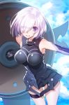  1girl armor armored_dress bare_shoulders breasts commentary_request elbow_gloves fate/grand_order fate_(series) gloves hair_over_one_eye large_breasts looking_at_viewer mofu open_mouth purple_hair shield shielder_(fate/grand_order) short_hair solo violet_eyes 