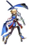  1boy blazblue blazblue:_central_fiction blonde_hair blue_boots bodysuit boots coat elbow_gloves gloves green_eyes highres jin_kisaragi katou_yuuki kisaragi_jin knee_boots looking_at_viewer male_focus official_art serious shadow solo standing sword weapon white_background white_gloves yukianesa 