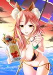  1girl animal_ears annojou_haruto breasts cleavage fate/extra fate/grand_order fate_(series) food fox_ears groin highres ice jewelry large_breasts necklace open_mouth pink_hair solo tamamo_(fate)_(all) tamamo_no_mae_(swimsuit_lancer)_(fate) yellow_eyes 