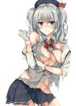  1girl beret blue_eyes blush breasts epaulettes frilled_sleeves frills hat highres kantai_collection kashima_(kantai_collection) long_hair military military_uniform panties rinarisa silver_hair simple_background solo torn_clothes twintails underwear uniform wavy_hair white_panties 