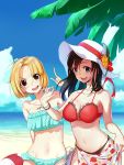  &gt;:d 2girls :d beach bikini black_hair blonde_hair blue_bikini blue_sky blush bracelet breasts cleavage clouds fang hat highres jewelry long_hair looking_at_viewer multiple_girls navel o-ring_top open_mouth original outdoors palm_tree red_bikini red_eyes sarong short_hair sky smile sun_hat swimsuit teeth tree wu_(4401153) 