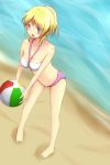  1girl arutosu_(narumi323) ayase_eli ball beachball bikini blue_eyes blush breasts cleavage highres leaning_forward looking_at_viewer love_live! love_live!_school_idol_project navel open_mouth sand shoreline sketch solo swimsuit water 