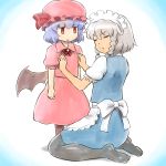  2girls bat_wings black_legwear bow disgust hat hat_bow highres izayoi_sakuya maid_headdress mob_cap multiple_girls purple_hair red_eyes remilia_scarlet seiza shirosato silver_hair sitting touching touhou wings 