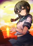  1girl black_eyes black_hair blue_skirt braid clouds hair_ribbon head_tilt isonami_(kantai_collection) kantai_collection long_hair looking_at_viewer navel ocean outdoors pleated_skirt red_ribbon ribbon school_uniform serafuku shinshin short_sleeves skirt sky smile solo sun sunset twitter_username wind yellow_sky 