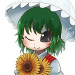  1girl avatar_icon black_eyes chamaji commentary_request eyebrows_visible_through_hair flower green_hair hair_between_eyes kazami_yuuka long_sleeves looking_at_viewer lowres one_eye_closed parasol plaid plaid_vest shirt short_hair sidelocks signature smile solo sunflower touhou umbrella upper_body vest wavy_hair white_background white_shirt 