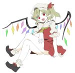 1girl :d arm_garter arm_support ascot black_shoes blonde_hair bobby_socks bow crystal fang female flandre_scarlet full_body hasebe_yuusaku hat hat_ribbon legs_crossed looking_at_viewer mob_cap open_mouth pointy_ears puffy_short_sleeves puffy_sleeves red_bow red_eyes red_ribbon ribbon shoes short_sleeves side_ponytail skirt skirt_set smile socks solo touhou white_background wings 