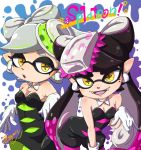  +_+ 2girls :o aori_(splatoon) bare_shoulders bent_over black_dress black_hair bow breasts cleavage copyright_name cousins detached_collar domino_mask dress earrings eyebrows fangs food food_on_head gloves green_legwear hair_bow hat highres hotaru_(splatoon) jewelry long_hair looking_at_viewer mask miyako_ameko mole mole_under_eye multiple_girls object_on_head open_mouth pantyhose pointy_ears pose purple_legwear short_hair short_jumpsuit silver_hair smile splatoon strapless symbol-shaped_pupils tentacle tentacle_hair thick_eyebrows white_gloves yellow_eyes 