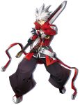  1boy belt black_gloves black_pants blazblue blazblue:_central_fiction coat full_body gloves green_eyes heterochromia highres katou_yuuki looking_at_viewer male_focus official_art pants ragna_the_bloodedge red_eyes red_shoes reverse_grip serious shadow shoes solo spiky_hair standing sword weapon white_background white_hair 