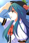  1girl blue_hair food fruit hand_over_eye hat highres hinanawi_tenshi long_hair nurupo_(abooon) open_mouth parted_lips peach puffy_sleeves red_eyes solo touhou 