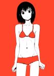  1girl arms_at_sides bikini black_hair collarbone cowboy_shot expressionless flat_chest groin head_tilt highres looking_at_viewer monochrome navel original red_background red_bikini shokubai_phantom_girl short_hair simple_background solo spot_color standing swimsuit white_skin 