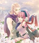  1boy 1girl blonde_hair bow ceser clouds dragon_quest dragon_quest_heroes dragon_quest_heroes_ii fingerless_gloves flower gloves green_eyes leaf long_hair pink_eyes pink_hair ponytail scarf shinkan_minarai sitting sky teresia 