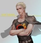  1boy blonde_hair character_name collarbone crossed_arms danial ear_piercing grey_eyes jacket_on_shoulders male_focus muscle nose_piercing persona persona_4 piercing scar smile solo tank_top tatsumi_kanji upper_body 