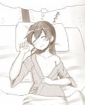  1girl =_= blanket blush closed_eyes dreaming drooling flat_chest hair_down japanese_clothes kantai_collection maku_ro monochrome off_shoulder open_mouth sleeping solo zuikaku_(kantai_collection) zzz 
