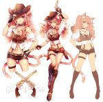  1girl ;) ;p adjusting_clothes adjusting_hat animal_ears bare_shoulders black_gloves blush boots breasts brown_boots cat_ears cat_girl cat_tail character_sheet choker cleavage collarbone cowboy_hat cowboy_shot cross-laced_footwear dual_wielding facial_mark fingerless_gloves full_body gloves gun hand_on_hip handgun hat holster lace-up_boots long_hair medium_breasts multiple_views navel one_eye_closed original pink_eyes pink_hair puffy_short_sleeves puffy_sleeves revolver short_shorts short_sleeves shorts shoulder_cutout smile suspender_shorts suspenders tail thigh_strap tongue tongue_out twintails wavy_hair weapon white_background yuli_(yulipo) 