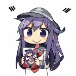  1girl akatsuki_(kantai_collection) anchor_symbol closed_mouth commentary_request cover cover_page flat_cap hat kanikama kantai_collection light_smile long_hair lowres manga_(object) neckerchief purple_hair school_uniform serafuku simple_background solo violet_eyes white_background 
