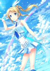  1girl ayase_eli blonde_hair blue_eyes blue_sky boots clouds dutch_angle fingerless_gloves gloves long_hair love_live! love_live!_school_idol_project miniskirt necktie ponytail rainbow salute skirt sky sleeveless solo uehara_yukihiko wonderful_rush 