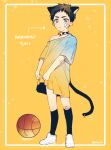  1boy animal_ears ball bandaid bandaid_on_knee basketball bell black_hair black_legwear blue_eyes cat_boy cat_ears cat_tail character_name closed_mouth commentary_request full_body groo29 kasamatsu_yukio kuroko_no_basuke male_focus neck_bell oversized_clothes oversized_shirt shirt short_hair solo tail white_footwear younger 