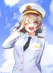  &gt;;d 1girl ;d arm_at_side black_necktie blue_eyes epaulettes grey_hair hana_shiori hat highres lens_flare long_sleeves looking_at_viewer love_live! love_live!_sunshine!! military military_uniform naval_uniform necktie one_eye_closed open_mouth peaked_cap salute short_hair smile solo sun twitter_username uniform upper_body watanabe_you 