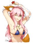  1girl alternate_hair_length alternate_hairstyle animal_ears armpits bikini blue_bikini breasts cleavage fate/extra fate/grand_order fate_(series) fox_ears fox_tail highres jewelry large_breasts long_hair midriff navel necklace one_eye_closed open_mouth pink_hair signature simple_background snowfeline solo swimsuit tail tamamo_(fate)_(all) tamamo_no_mae_(fate) tamamo_no_mae_(swimsuit_lancer)_(fate) undressing very_long_hair white_background yellow_eyes 