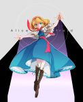  1girl alice_margatroid asamiya_(twins14_zx) blonde_hair blue_dress blue_eyes boots brown_boots capelet character_name circle dress expressionless frilled_ribbon frills full_body grey_background hairband hand_gesture hand_up knee_boots looking_at_viewer looking_down ribbon short_hair skinny solo touhou 