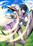  1girl armor armored_boots artist_request black_hair boots degel fire_emblem fire_emblem:_kakusei fire_emblem_cipher gauntlets grass holding holding_weapon looking_at_viewer open_mouth polearm shield short_hair solo spear thigh-highs violet_eyes weapon 