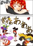  2koma 6+girls ? animal_ears bare_legs bare_shoulders barefoot blonde_hair broom broom_riding brown_hair censored chibi chinese_clothes clothes_writing comic constricted_pupils disney earth_(ornament) fleeing frog frog_hair_ornament green_hair hair_ornament hair_over_one_eye hakurei_reimu hand_behind_head hat hecatia_lapislazuli highres identity_censor junko_(touhou) kirisame_marisa kochiya_sanae long_hair long_sleeves mickey_mouse mickey_mouse_ears moon_(ornament) mouse_ears multiple_girls necktie niiko_(gonnzou) off-shoulder_shirt polos_crown purple_hair rabbit_ears red_necktie redhead reisen_udongein_inaba running scared shirt simple_background skirt sparkling_eyes spoken_question_mark standing t-shirt tabard tearing_up touhou white_background wide_sleeves witch_hat yasaka_kanako 