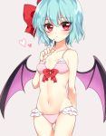  1girl :/ alternate_costume bat_wings bikini blue_hair blush bow bow_bikini breasts closed_mouth collarbone cowboy_shot finger_to_mouth frilled_bikini frills front-tie_bikini front-tie_top groin hair_bow heart ikamiso9898 kanon_(ikamiso) looking_at_viewer nail_polish navel pink_bikini red_bow red_eyes red_nails remilia_scarlet short_hair small_breasts solo swimsuit touhou wings 