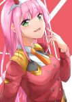  1girl :d bangs darling_in_the_franxx eyebrows_visible_through_hair green_eyes hairband long_hair looking_at_viewer military military_uniform oni_horns open_mouth pink_hair red_horns smile smug solo sunhyun uniform white_hairband zero_two_(darling_in_the_franxx) 